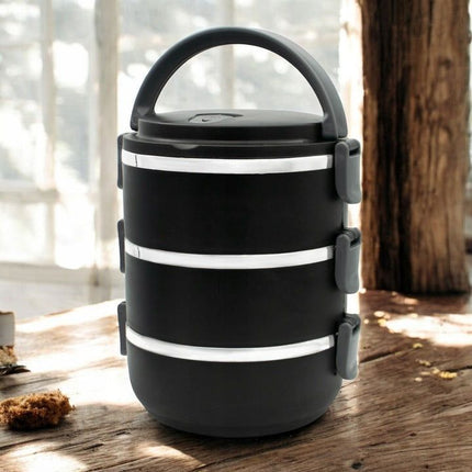 Meyerhoff Thermische Lunchbox 3 Lagen – 2100 ml – RVS Bento Box – Stapelbaar & Lekvrij – Met Handvat & Ventiel – Zwart