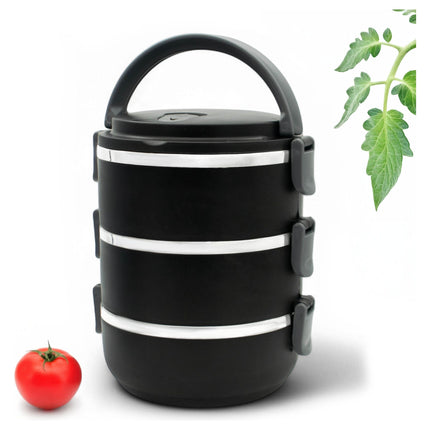 Meyerhoff Thermische Lunchbox 3 Lagen – 2100 ml – RVS Bento Box – Stapelbaar & Lekvrij – Met Handvat & Ventiel – Zwart