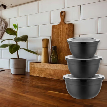Meyerhoff Saladekommen Set van 3 – RVS Mengkommen met Deksel – Ø 14/16/18 cm – Zwart – Vaatwasserbestendig & Stapelbaar