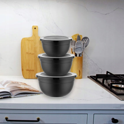 Meyerhoff Saladekommen Set van 3 – RVS Mengkommen met Deksel – Ø 14/16/18 cm – Zwart – Vaatwasserbestendig & Stapelbaar