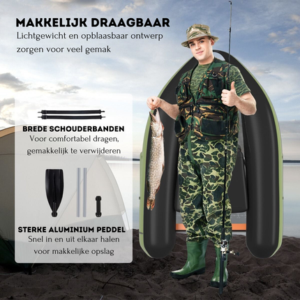 Trendmix Opblaasbare Belly Boat 136 x 105 cm – Lichtgewicht Visboot – Inclusief Peddel & Flippers – 160 kg Draagvermogen – Groen