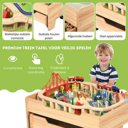 Trendmix 2-in-1 Houten Montessori Treinset En Speeltafel Met Lade 78 x 63 x 33 Cm - 100 Delige Speelset - STEM Speelgoed
