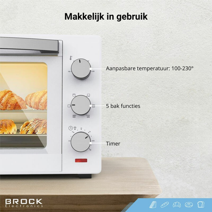 Brock 30L Heteluchtoven met Grill & Timer - 1600W Vrijstaande Mini Oven voor Thuisgebruik – Wit