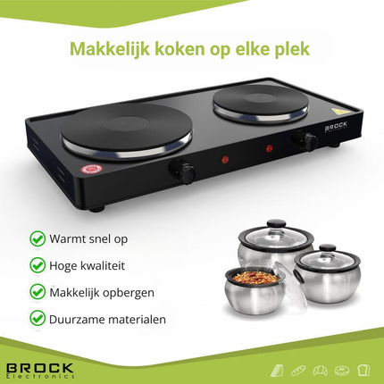Brock Elektrische Kookplaat 2 Pits – 2500W – Compact Vrijstaand Fornuis Voor Thuis, Studio & Vakantie – Zwart
