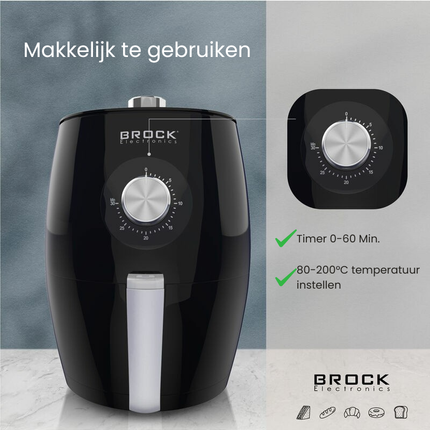 Brock Electronics Airfryer 3,5L – Heteluchtfriteuse zonder Olie – PFAS-vrij – 1300-1500W – Zwart – 6 Automatische Programma’s – Gezond Frituren – Compacte Airfryer voor Gezin of Single’s – Zwart