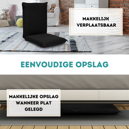 Trendmix Vloerstoel met 6-Traps Verstelbare Rugleuning – Meditatiestoel met Dikke Vulling – Zwart – Inklapbaar en Lichtgewicht