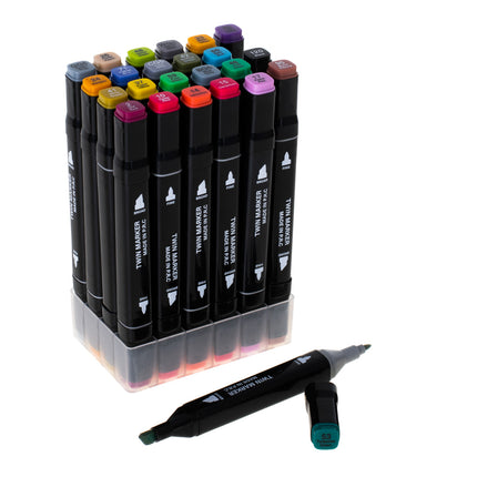 Ikonka 24 stuks Dubbelzijdige Alcoholmarkers - Markerset 24 - Alcohol Markers in Etui - Professionele Markerset