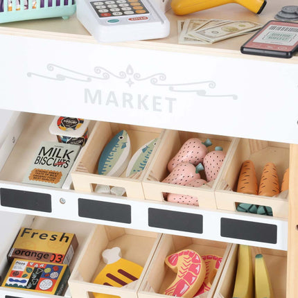 LULILO Melo Houten Marktkraam met Kassa – Speelgoedwinkel met Scanner, Geld & Producten – Educatief Rollenspel – 3+ Jaar
