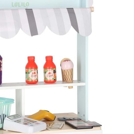 LULILO Melo Houten Marktkraam met Kassa – Speelgoedwinkel met Scanner, Geld & Producten – Educatief Rollenspel – 3+ Jaar