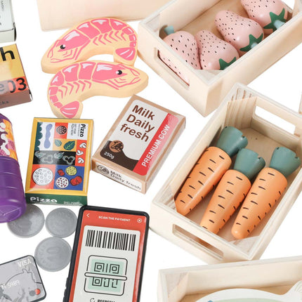 LULILO Melo Houten Marktkraam met Kassa – Speelgoedwinkel met Scanner, Geld & Producten – Educatief Rollenspel – 3+ Jaar