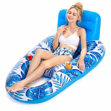 Opblaasbaar Luchtbed Waterstoel 2-in-1 met Rugleuning en Bekerhouder – Waterhangmat – Blauw/Wit – Tot 90 kg