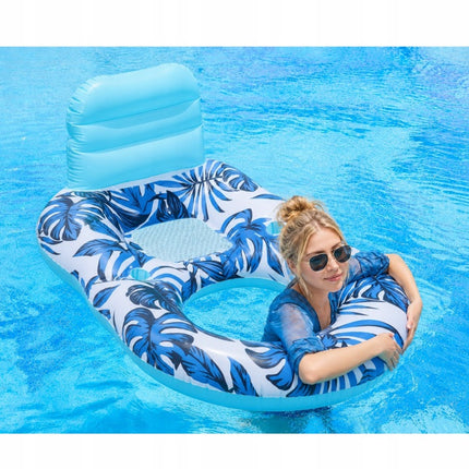 Opblaasbaar Luchtbed Waterstoel 2-in-1 met Rugleuning en Bekerhouder – Waterhangmat – Blauw/Wit – Tot 90 kg