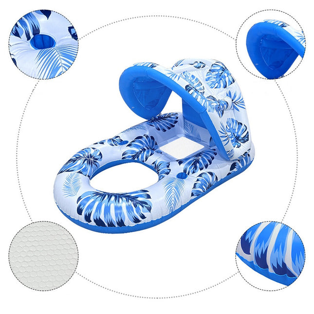 Opblaasbaar Luchtbed met Zonnescherm – Waterstoel 2-in-1 – Opblaasbare Zwemstoel met Rugleuning – Bekerhouder – Blauw – Tot 100 kg