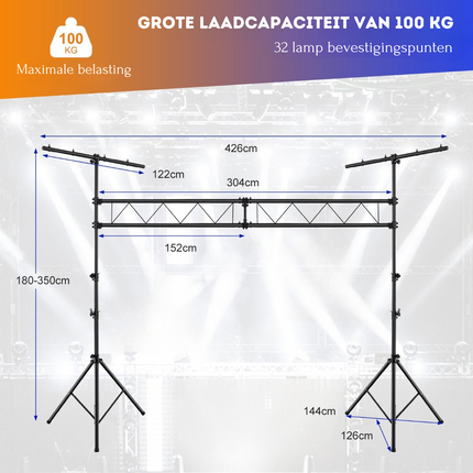 Trendmix LED Lichtstatief Voor 32 Lampen - Verstelbare Hoogte 180-350 cm - Draagbaar T Bar - Podium Verlichting  - Zwart