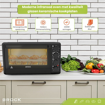 BROCK Elektrische Mini Oven 50L met 2 Keramische Kookplaten – 1800W Vrijstaande Combi Convectie Oven met Grill – Zwart