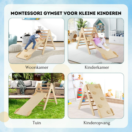Trendmix 3 in 1 Houten Driehoek Klimrek Met Glijbaan - Montessori Klimdriehoek Met Klimplank - Natuurlijk Hout - Vanaf 1 Jaar - Maximaal 50 kg