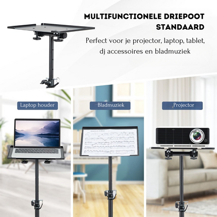 Trendmix Driepoot Projector Statief Met Instelbare Hoogte En Kantelbaar Blad - Laptop - Projector - Muziek - Tablet - 70-118,5CM Zwart
