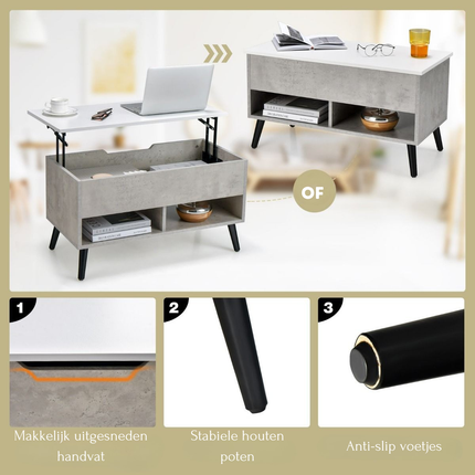 Trendmix Multifunctionele Salontafel Uitklapbaar Grijs - Lift-Top Koffietafel - Verstelbare Woonkamer Tafel 80 x 40 x 44,5 cm