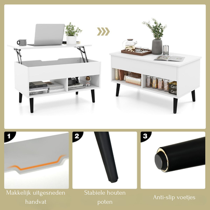 Trendmix Multifunctionele Salontafel Uitklapbaar Wit - Lift-Top Koffietafel - Verstelbare Woonkamer Tafel 80 x 40 x 44,5 cm