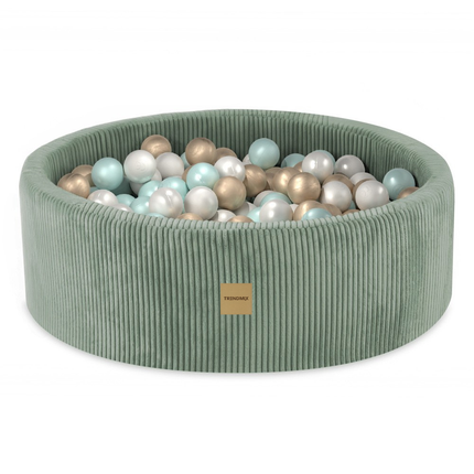 Trendmix Luxe Ronde Ballenbak – 90x30 cm – Groen Corduroy – Inclusief 200 Ballen (Parelmoer, Mint & Goud)