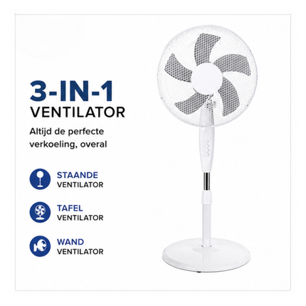 Elite 3-in-1 Ventilator 40 cm  – Staande Ventilator – Tafelventilator – Wandventilator – 55W – Wit