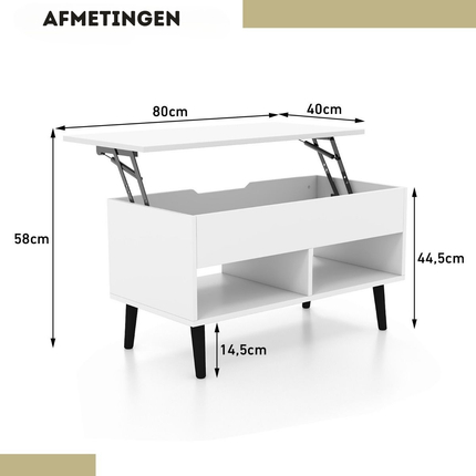 Trendmix Multifunctionele Salontafel Uitklapbaar Wit - Lift-Top Koffietafel - Verstelbare Woonkamer Tafel 80 x 40 x 44,5 cm