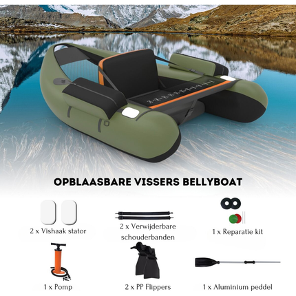 Trendmix Opblaasbare Belly Boat 136 x 105 cm – Lichtgewicht Visboot – Inclusief Peddel & Flippers – 160 kg Draagvermogen – Groen