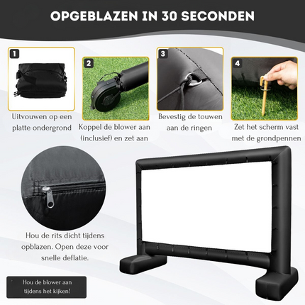 Trendmix HD 4K Opblaasbaar Projectiescherm - 16:9 Dubbelzijdig Buitenprojectiescherm - 327,5 x 119 x 266 cm Zwart