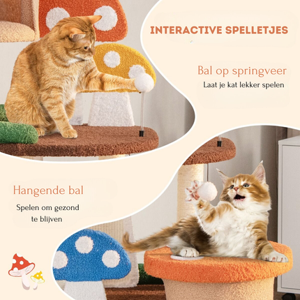 Trendmix Krabpaal voor Katten Paddenstoellook 2 Platforms 69 x 49 x 146 cm – Kattenboom met Kattenmand – Sisal Krabplank en Speelbal