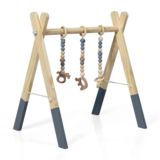 Trendmix Houten Babygym – Met 3 Hangers – Naturel Hout & Grijs – Speelplezier vanaf 3 Maanden – 60×44×60 cm
