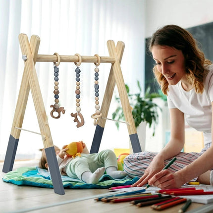 Trendmix Houten Babygym – Met 3 Hangers – Naturel Hout & Grijs – Speelplezier vanaf 3 Maanden – 60×44×60 cm