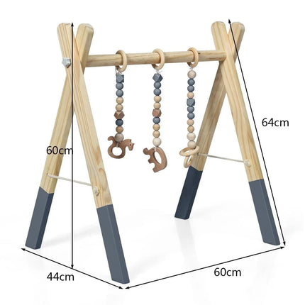 Trendmix Houten Babygym – Met 3 Hangers – Naturel Hout & Grijs – Speelplezier vanaf 3 Maanden – 60×44×60 cm