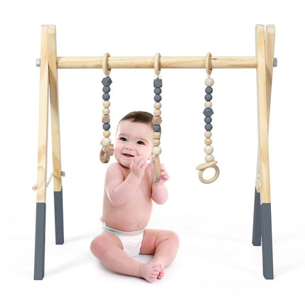 Trendmix Houten Babygym – Met 3 Hangers – Naturel Hout & Grijs – Speelplezier vanaf 3 Maanden – 60×44×60 cm