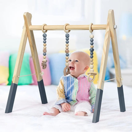 Trendmix Houten Babygym – Met 3 Hangers – Naturel Hout & Grijs – Speelplezier vanaf 3 Maanden – 60×44×60 cm