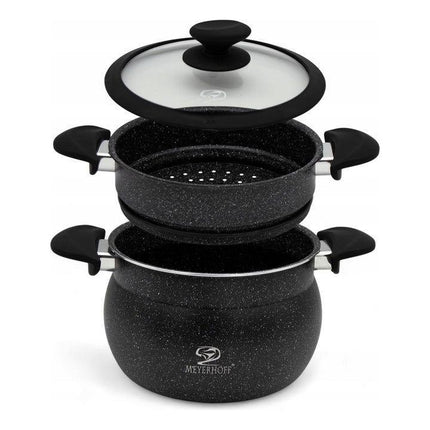 Meyerhoff Stoompannenset 3-delig Ø 24 cm – 9 L – RVS met Marmercoating – Geschikt voor Inductie – Zwart