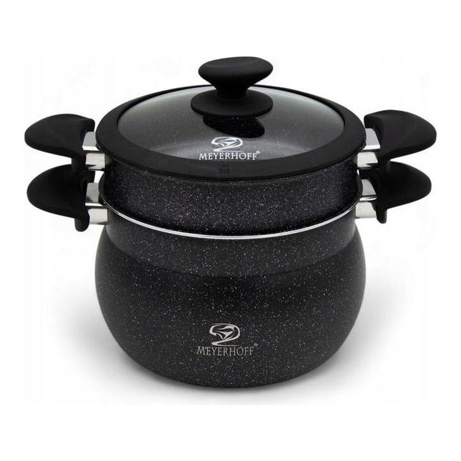 Meyerhoff Stoompannenset 3-delig Ø 20 cm – 4,7 L – RVS met Marmercoating – Siliconen Rand – Inductiegeschikt – Zwart