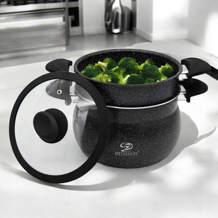 Meyerhoff Stoompannenset 3-delig Ø 24 cm – 9 L – RVS met Marmercoating – Geschikt voor Inductie – Zwart