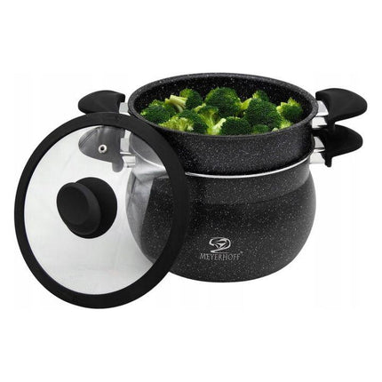 Meyerhoff Stoompannenset 3-delig Ø 24 cm – 9 L – RVS met Marmercoating – Geschikt voor Inductie – Zwart