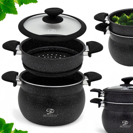 Meyerhoff Stoompannenset 3-delig Ø 24 cm – 9 L – RVS met Marmercoating – Geschikt voor Inductie – Zwart