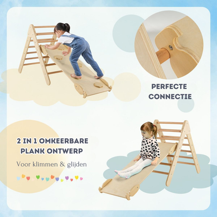 Trendmix 3 in 1 Houten Driehoek Klimrek Met Glijbaan - Montessori Klimdriehoek Met Klimplank - Natuurlijk Hout - Vanaf 1 Jaar - Maximaal 50 kg