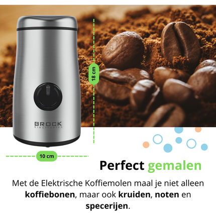 Brock Elektrische Koffiemolen 150W Zilver – Voor Koffiebonen, Kruiden, Noten & Specerijen – Stil, Snel & BPA-vrij – RVS Mes