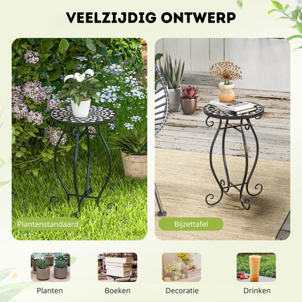 Mozaïek Bijzettafel voor Binnen en Buiten - Ronde Terrastafel met Weerbestendig keramiek Tafelblad - Kleine Plantenstandaard 30 x 30 x 50 - Zwart/Wit