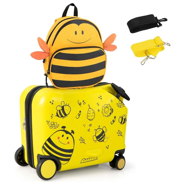 Trendmix Kinderkoffer met Wielen & Rugzak – 2-Delige Ride On Bagageset – Handbagage – Bijen Geel – 47x26,5x78,5 cm