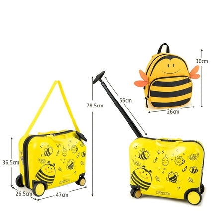 Trendmix Kinderkoffer met Wielen & Rugzak – 2-Delige Ride On Bagageset – Handbagage – Bijen Geel – 47x26,5x78,5 cm