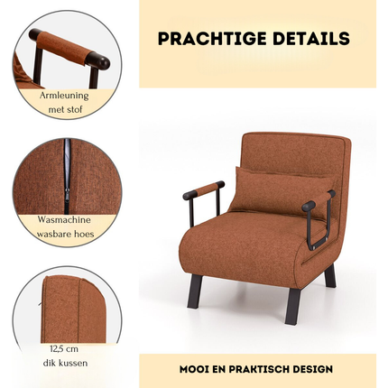 2de kansje Trendmix 4-in-1 Uitklapbare Slaapstoel Belastbaar Tot 150 kg Bruin/Koffie - Inklapbare Slaapbank Met 6 Standen Verstelbare Rugleuning - Modern Design Logeerbed - Slaapfauteuil