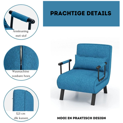 Trendmix 4-in-1 Slaapstoel Blauw – Inklapbare Slaapbank – Verstelbare Rugleuning – Slaapfauteuil 1 Persoon – Tot 150 kg Draagvermogen