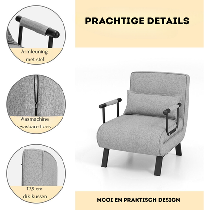 Trendmix 4-in-1 Slaapstoel Lichtgrijs – Inklapbare Slaapbank – Verstelbare Rugleuning – Slaapfauteuil 1 Persoon – Tot 150 kg Draagvermogen