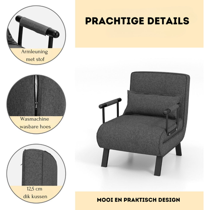 Trendmix 4-in-1 Slaapstoel Donkergrijs – Inklapbare Slaapbank – Verstelbare Rugleuning – Slaapfauteuil 1 Persoon – Tot 150 kg Draagvermogen