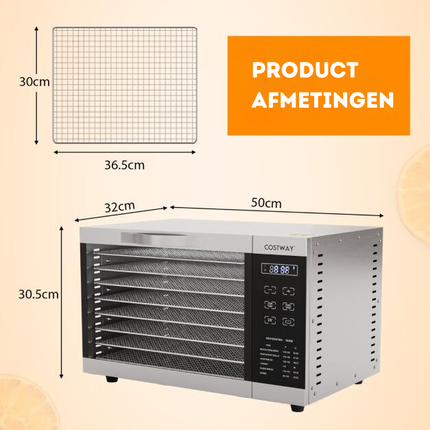 Costway Voedseldroger RVS – 8 Laags Droogoven – Timer & Temperatuurregeling – Droog Fruit, Vlees, Groenten – Met 360° Ventilatie – Zilver