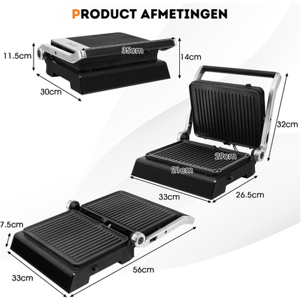 Trendmix XL Contactgrill 3-in-1 – Elektrische Multigrill met LED-display – 230 °C – Antiaanbaklaag – 5 Kookstanden – Zwart